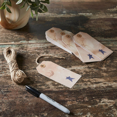 Primitive Star Tea Stained Paper Tag Navy 4.75x2.25 w/ Twine Set of 50 - The Fox Decor